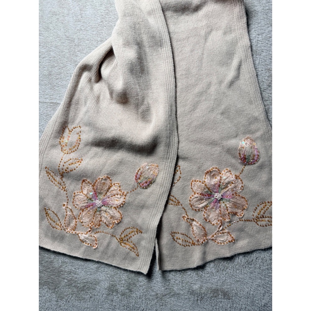 Tan Knit Floral Embroidered Beaded Sequin‎ Scarf Acrylic Winter Wrap Accessory